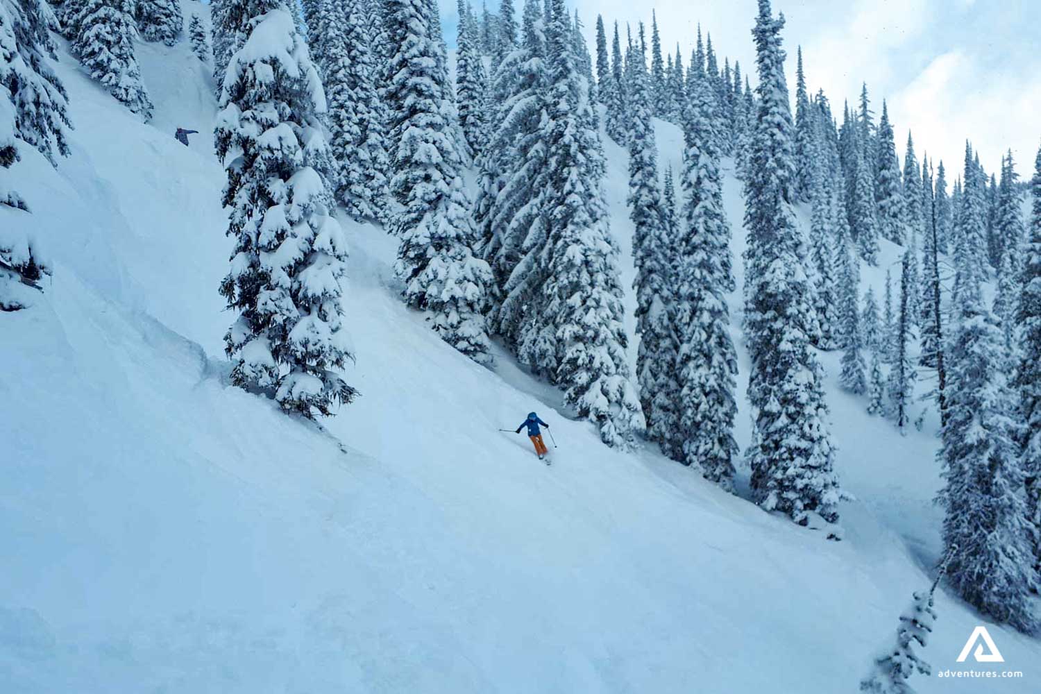 skiing on a cloudy winter day downhill in canada
