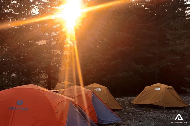 campsite tent at sunset sunrise
