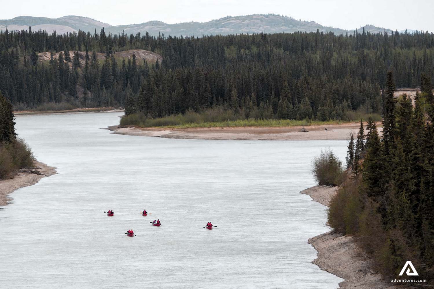 small group canoeing in a river
