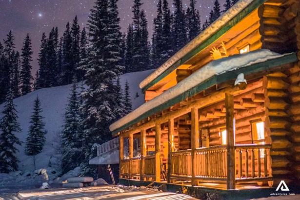 winter lodge at night in banff
