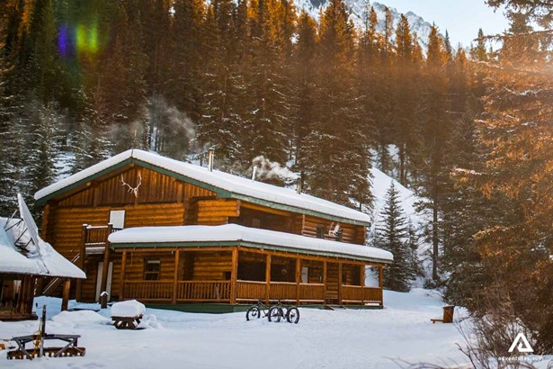wooden winter lodge in banff