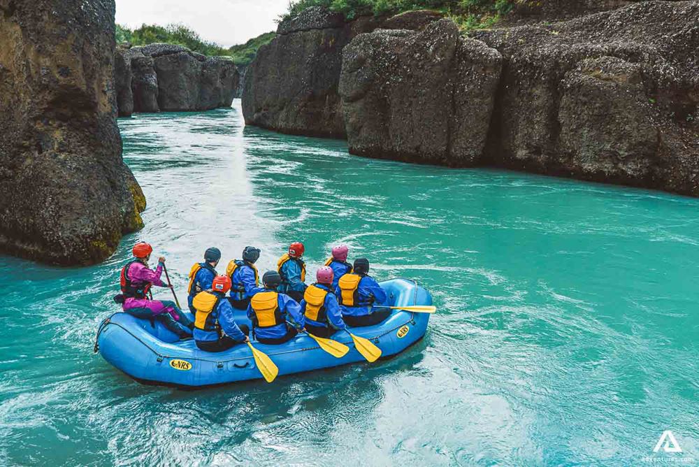 People Are Rafting On River Hvita Gullfoss In Iceland