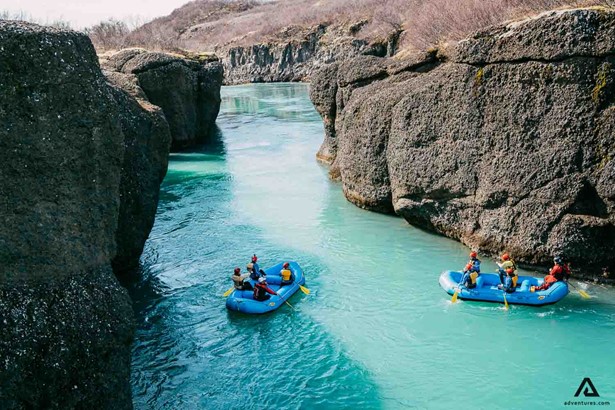 Two Boats Rafting On Arctic River Hvita In Iceland