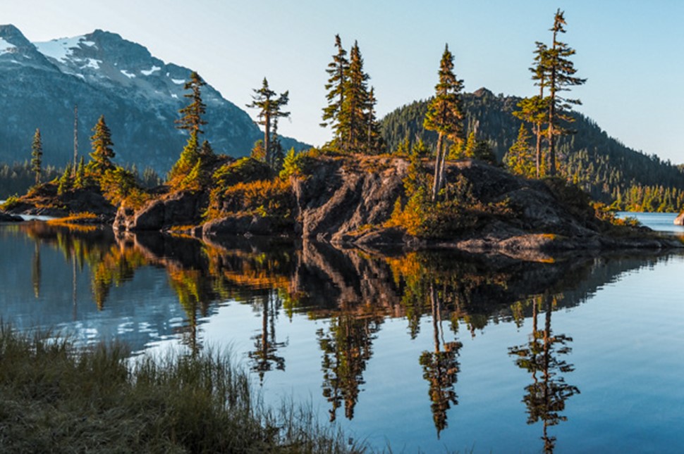 tiny island reflection on water in canada