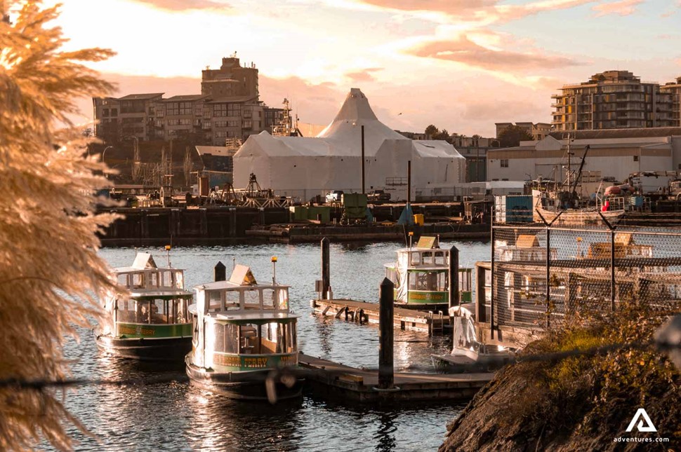 sunset at vancouver city island near boats in canada