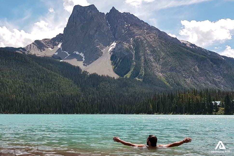 swimming in emerald lake in yoho national park