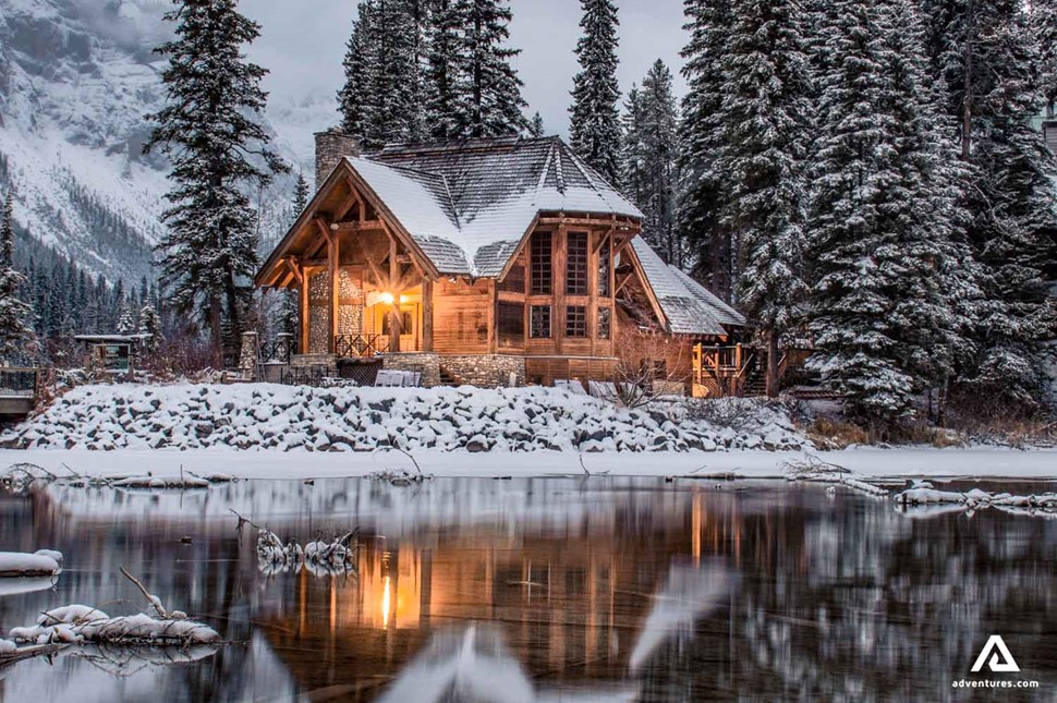 log cabin house in canada in winter