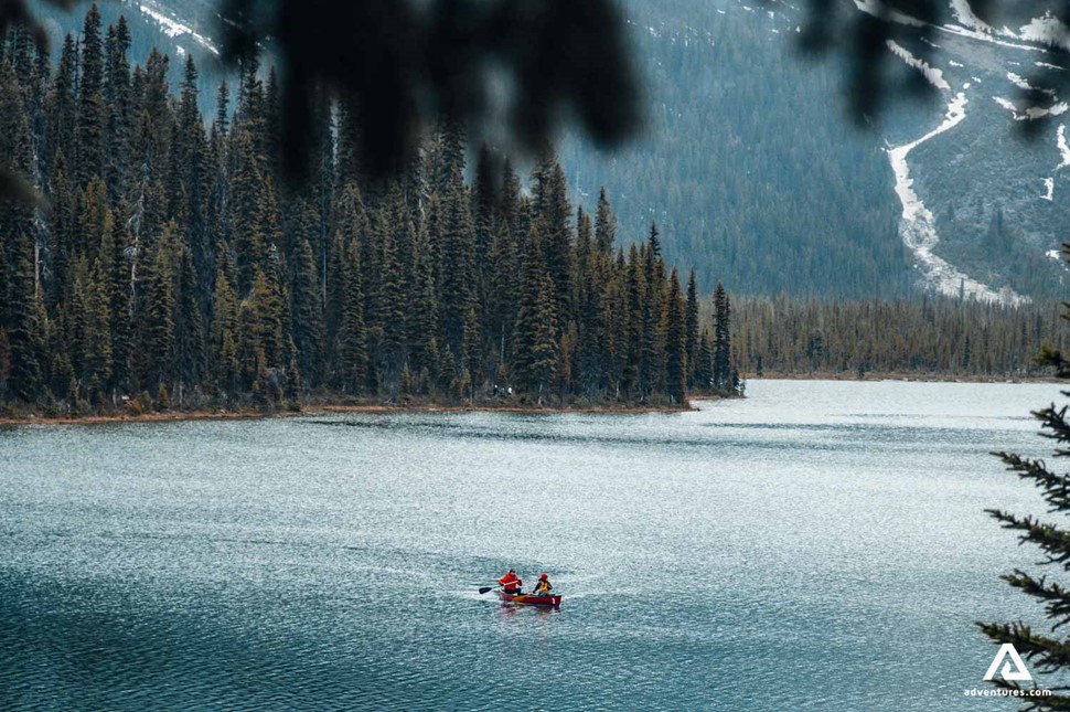canoeing in yoho national park near a forest