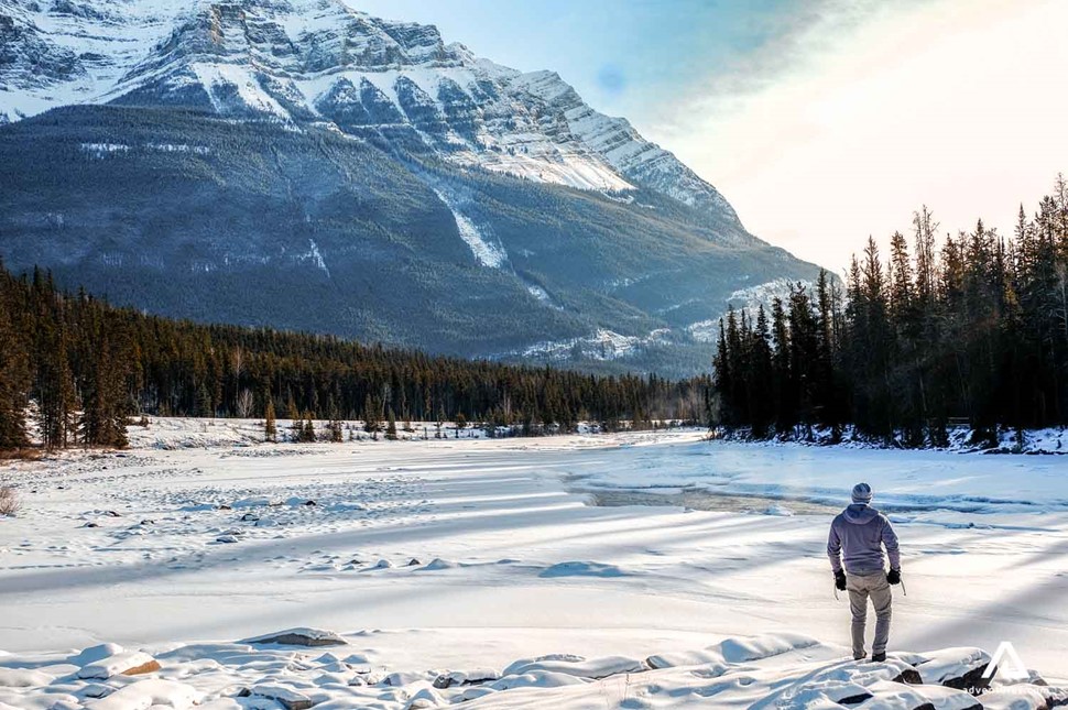 walking around snowy canadian landscape in jasper national park