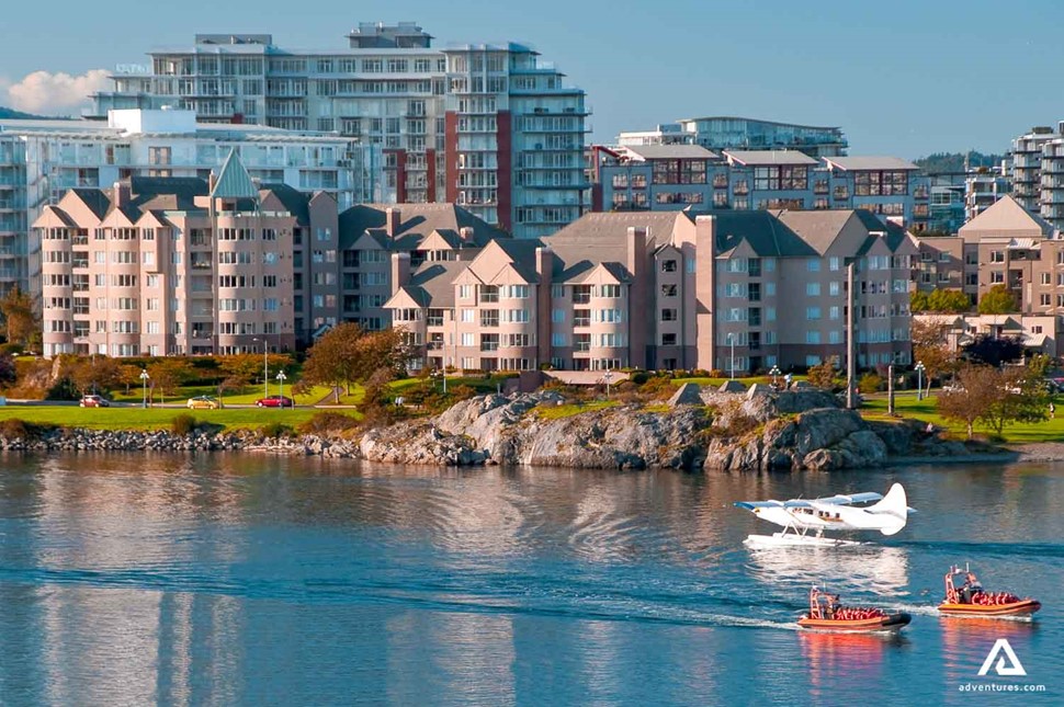 water plane landing near buildings on a lake