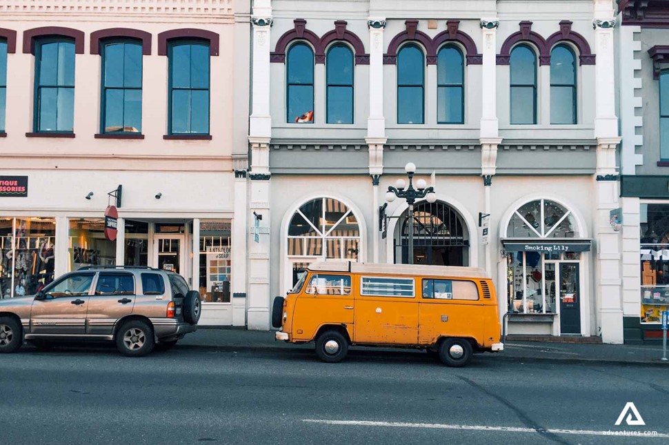 small old orange campervan in canada