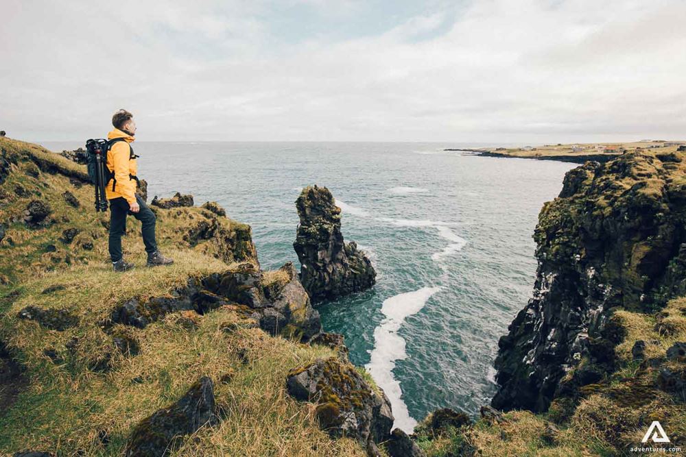 Hellnar Person Landscape Iceland Snaefellsnes Peninsula In Iceland