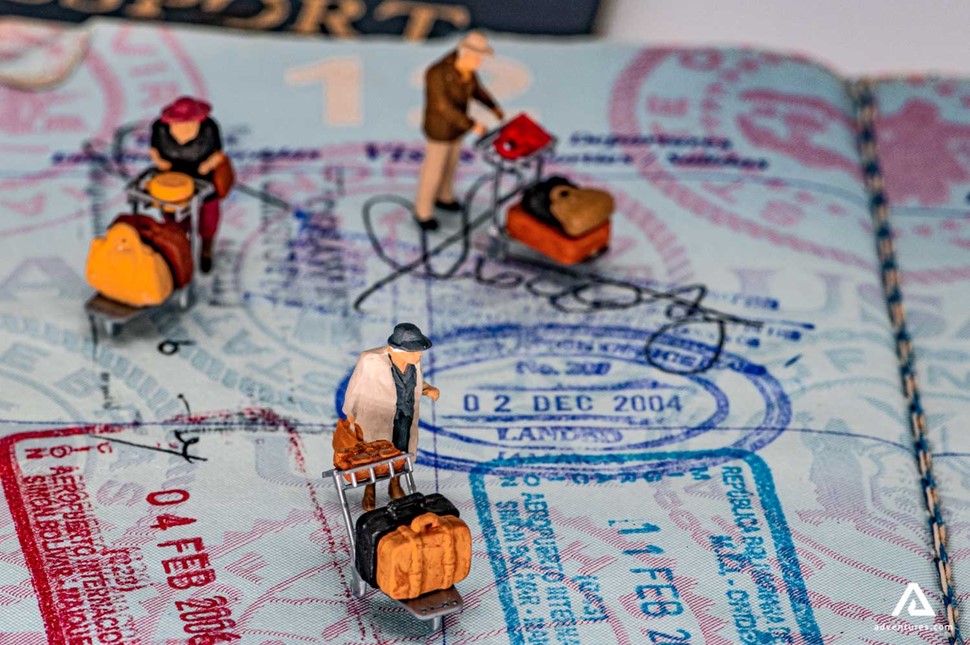 visualisation of a figures on a passport with stamps