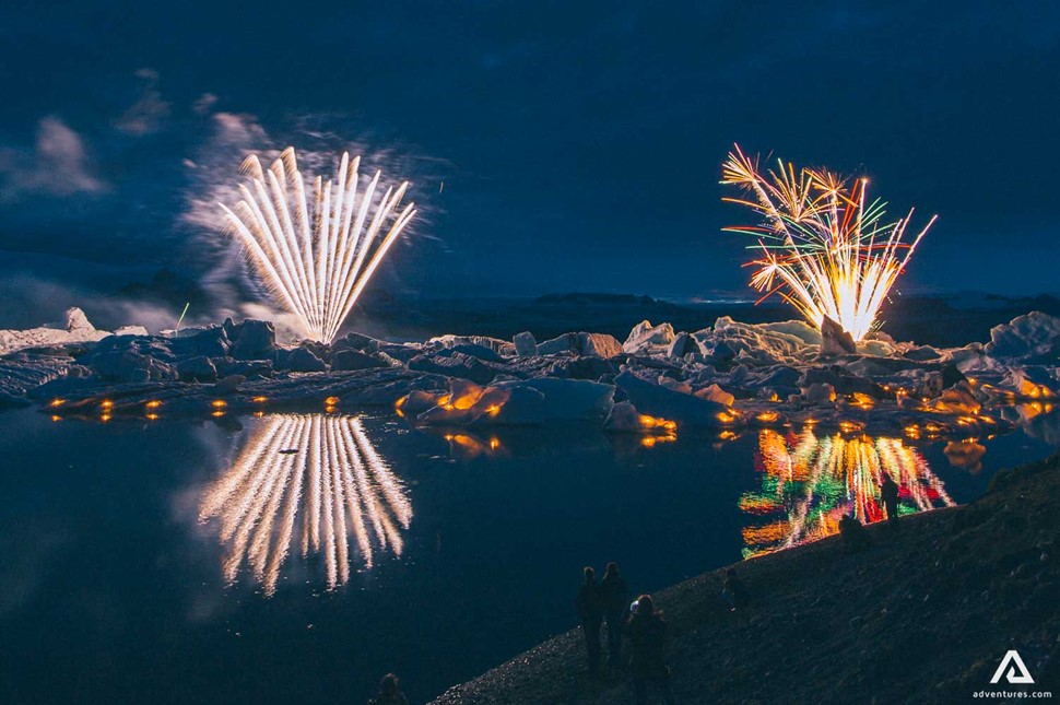 firework show in jokulsarlon glacier lagoon