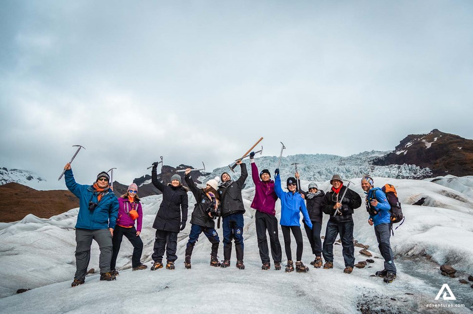 group of hikers on falljokull glacier