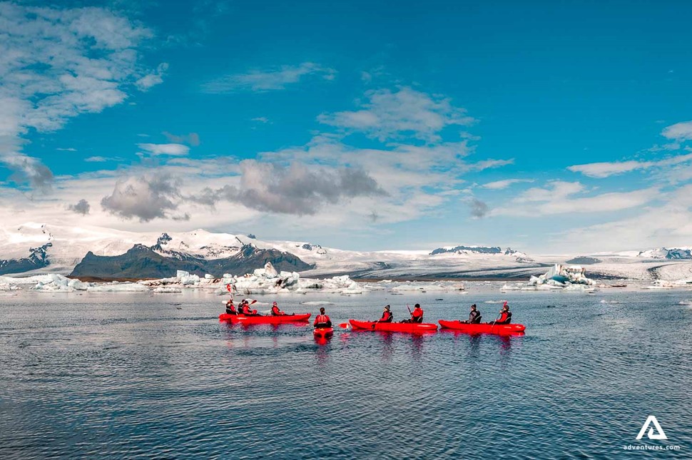 kayaking with a group in jokulsarlon glacier lagoon