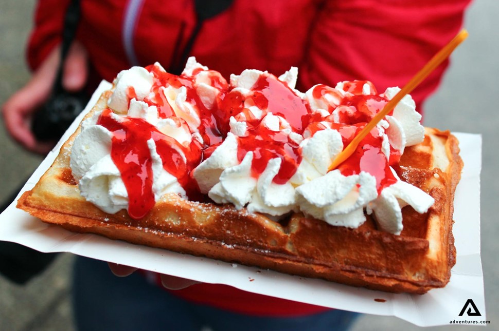 belgian style big dessert waffle with whipped cream