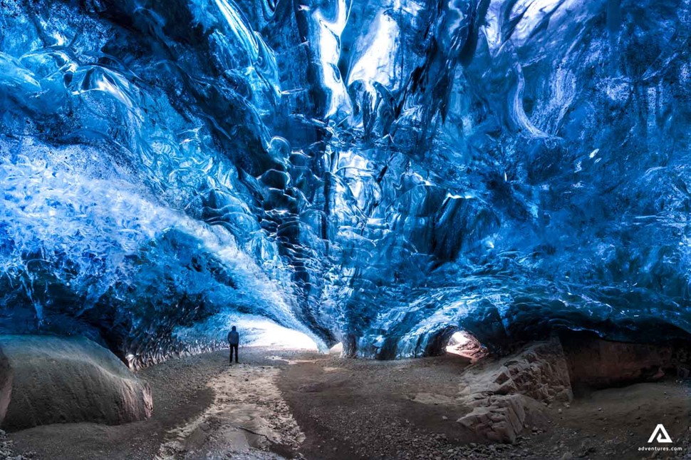 big blue crystal clear ice cave in iceland