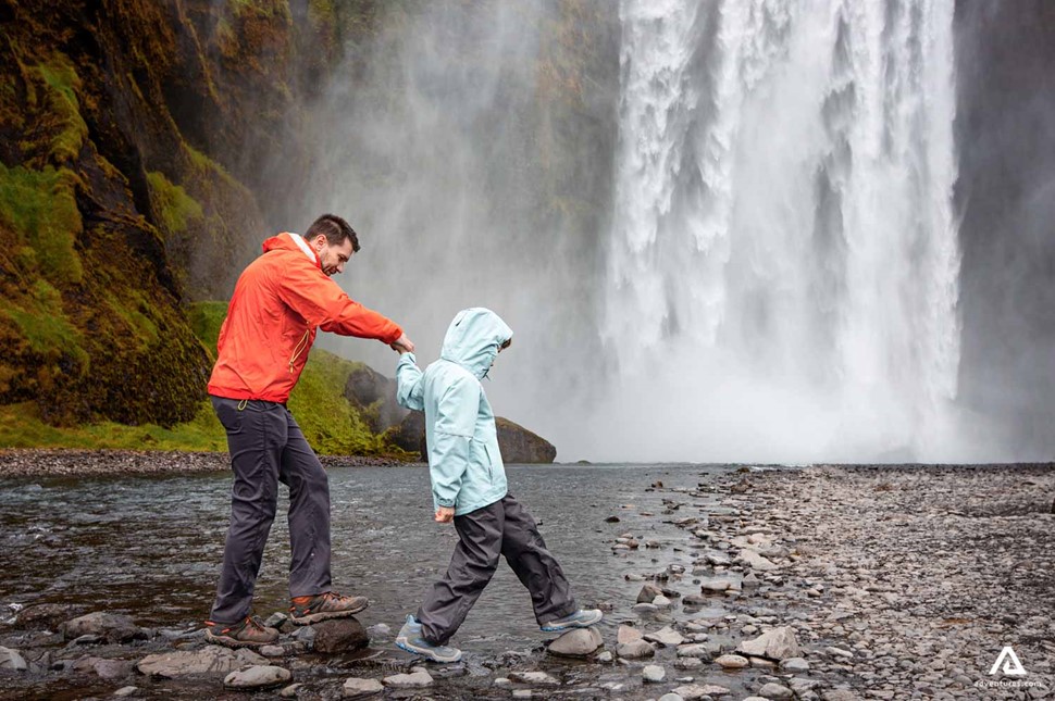 Crossing Skogafoss Waterfall In Iceland