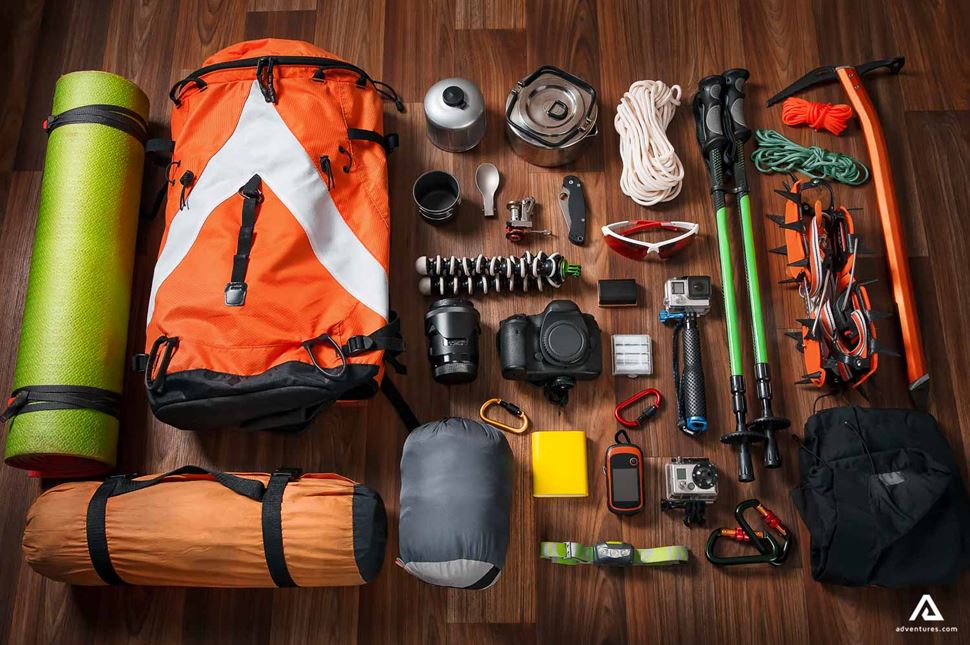 Climbing Equipment with rope and trekking shoes Climbing equipment with rope and trekking shoes
