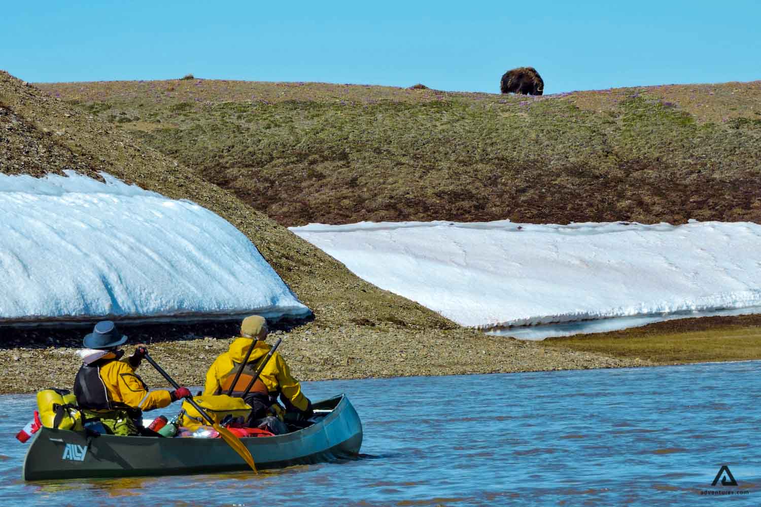 canoeing near snowy riverside in canada