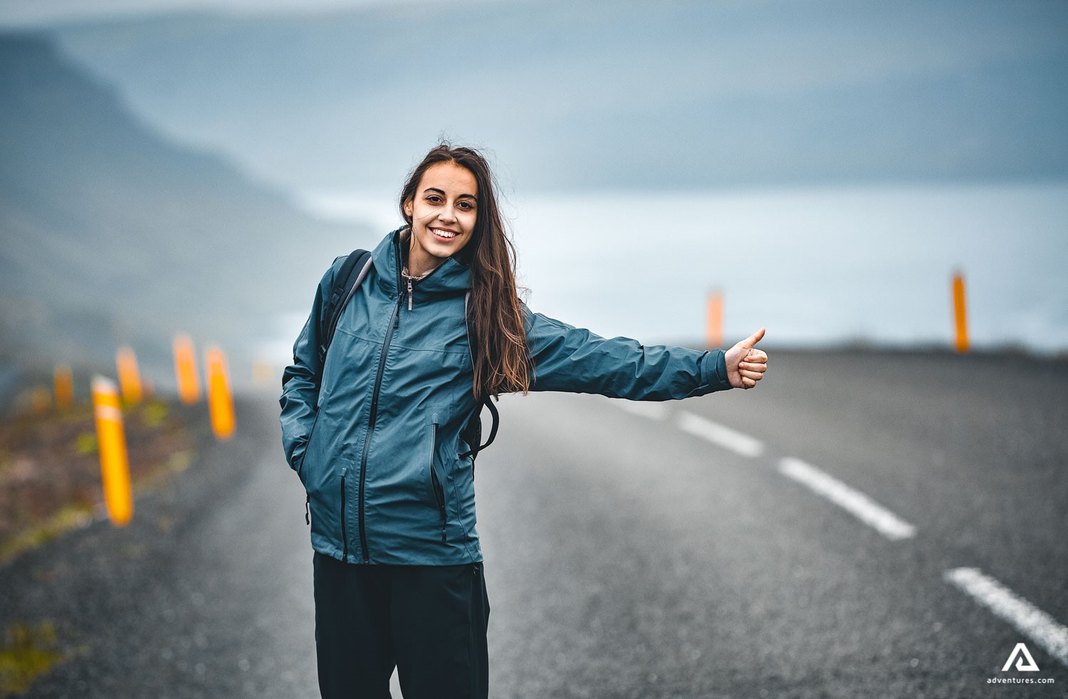Girl Hichhiking On The Road Tourist Hichhiking On The Road