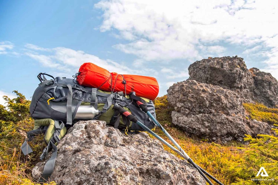 Backpack on the rock in Iceland