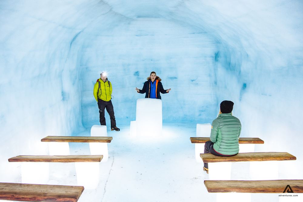 Benches inside Langjokull ice cave in Iceland