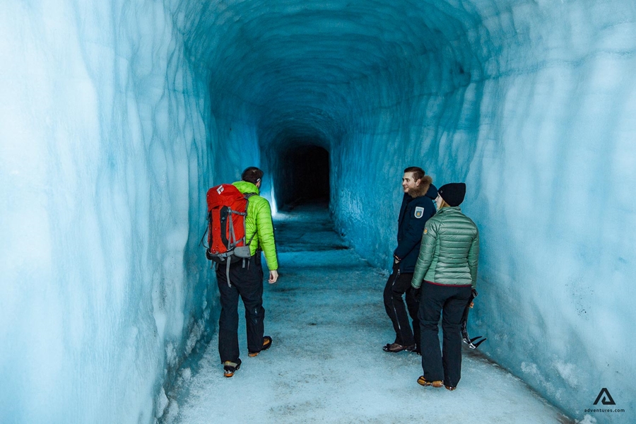People inside Langjokull ice cave in Iceland