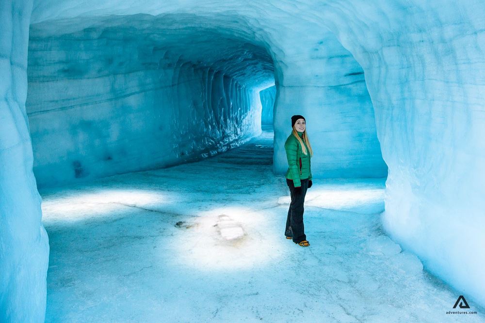 Woman inside Langjokull ice cave in Iceland