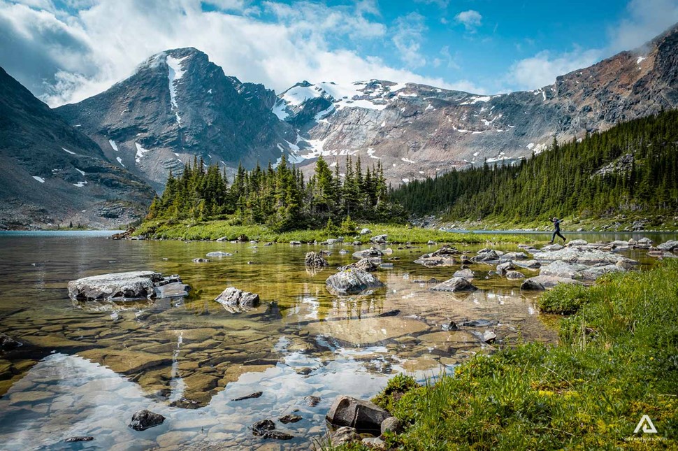 Shallow River And Mountains In Alberta Canada Jasper National Park