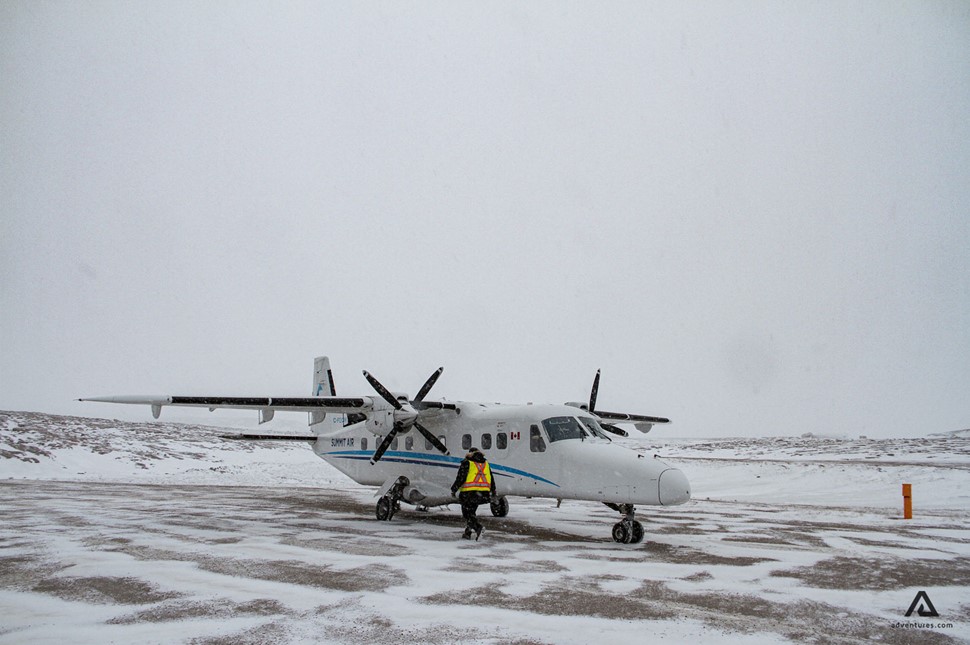Airplane in Nunavut in snowy winter