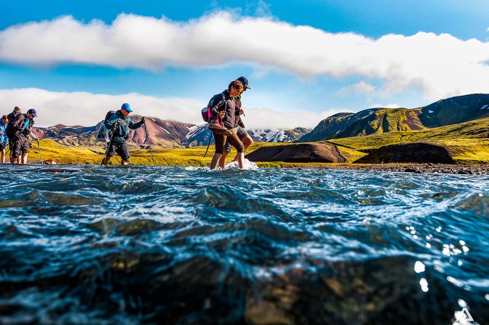 Crossing the river on Laugavegur Trail in Iceland