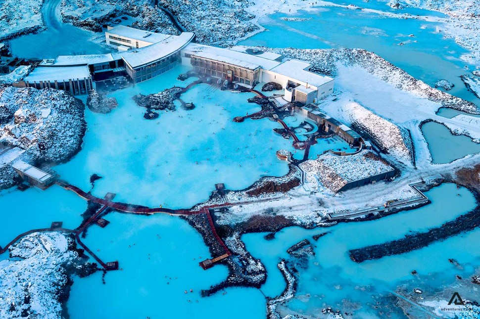 Aerial view of the Blue Lagoon in Iceland in winter time