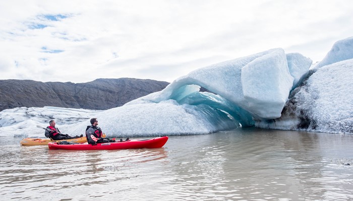 Kayaking on Heinaberslon Glacier Lagoon in Iceland