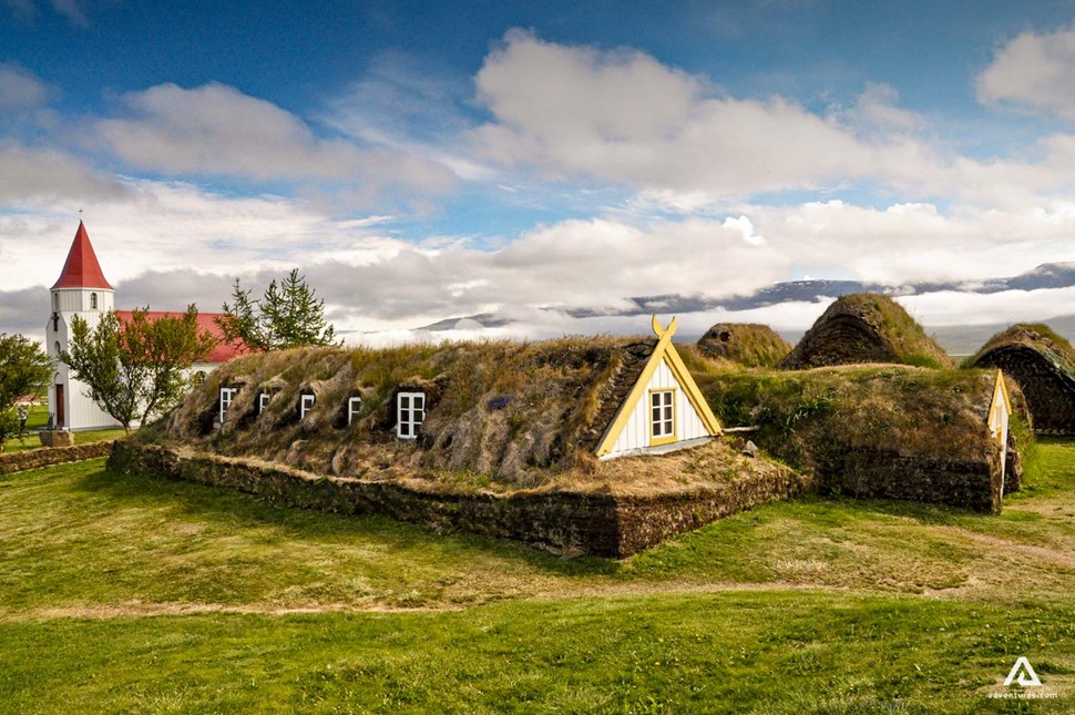 Glaumber farm with turf houses in Iceland