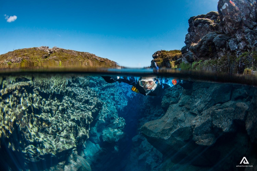 Man snorkeling in Silfra in Iceland