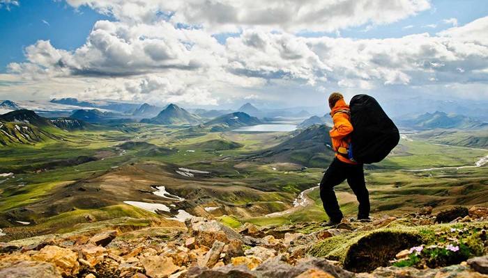 Man backpacking in the Landmannalaugar valley