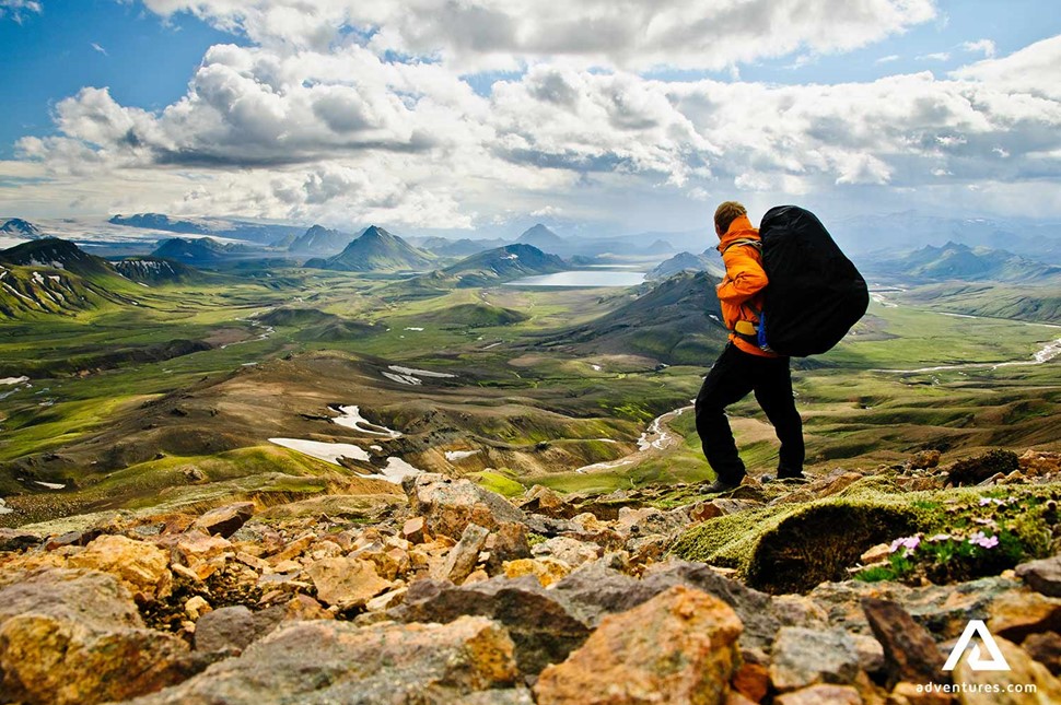 Man backpacking in the Landmannalaugar valley
