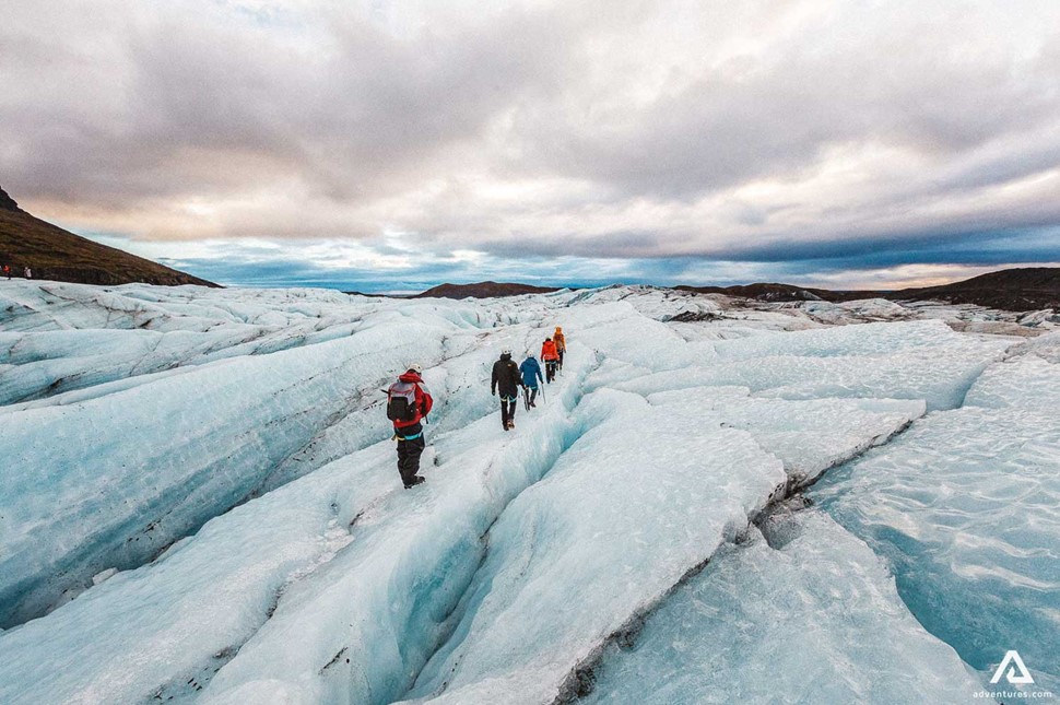 Small group hiking on Solheimajokull glacier