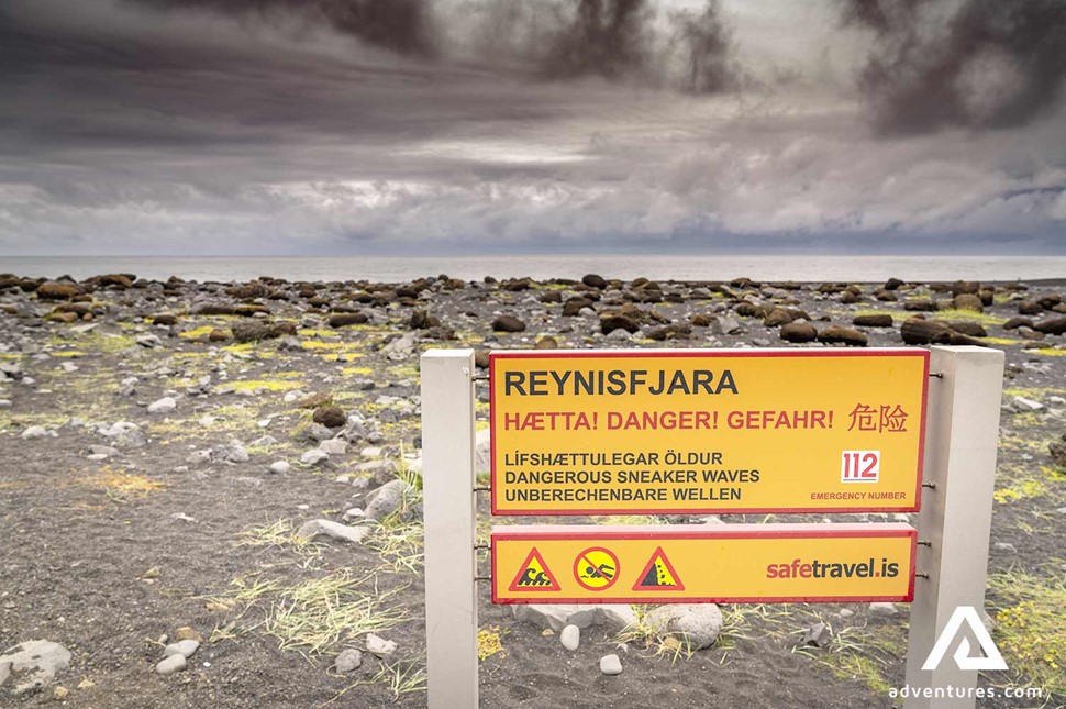 Danger Sign Reynisfjara Black Sand Beach Waves in Iceland