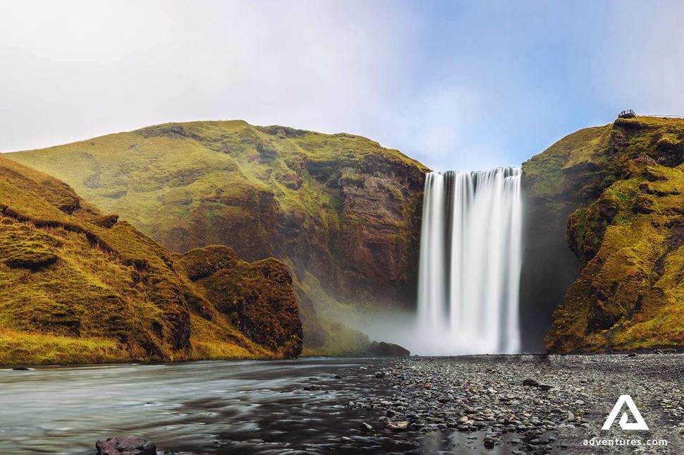 a view of skogafoss waterfall in south iceland