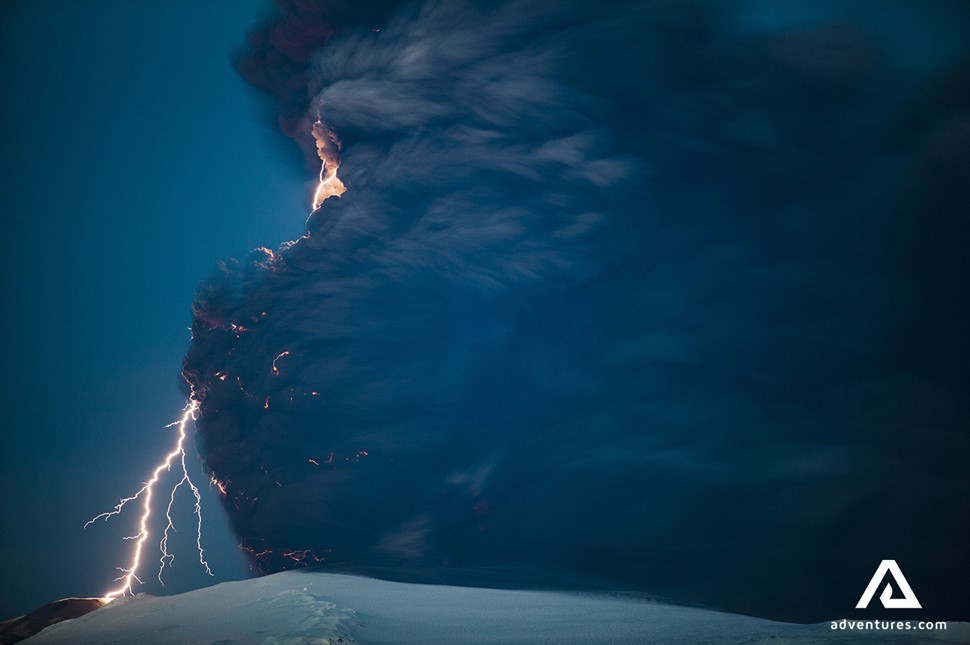lightning above eyjafjallajokull  volcano in iceland