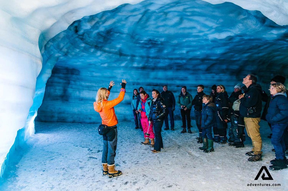 People Inside Man Made Ice Cave on Langjokull