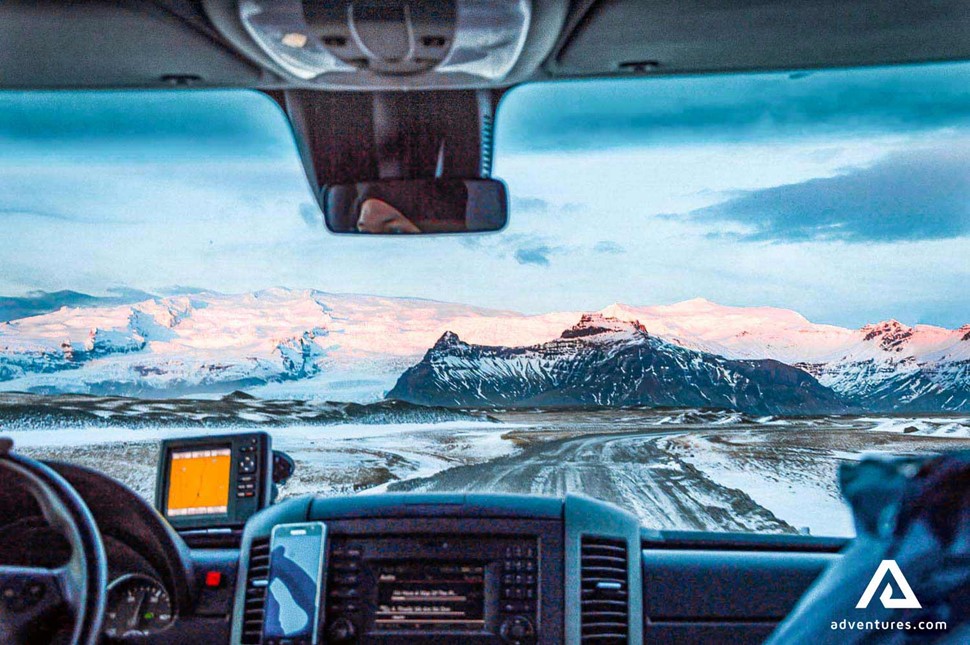 driving towards katla volcano in winter