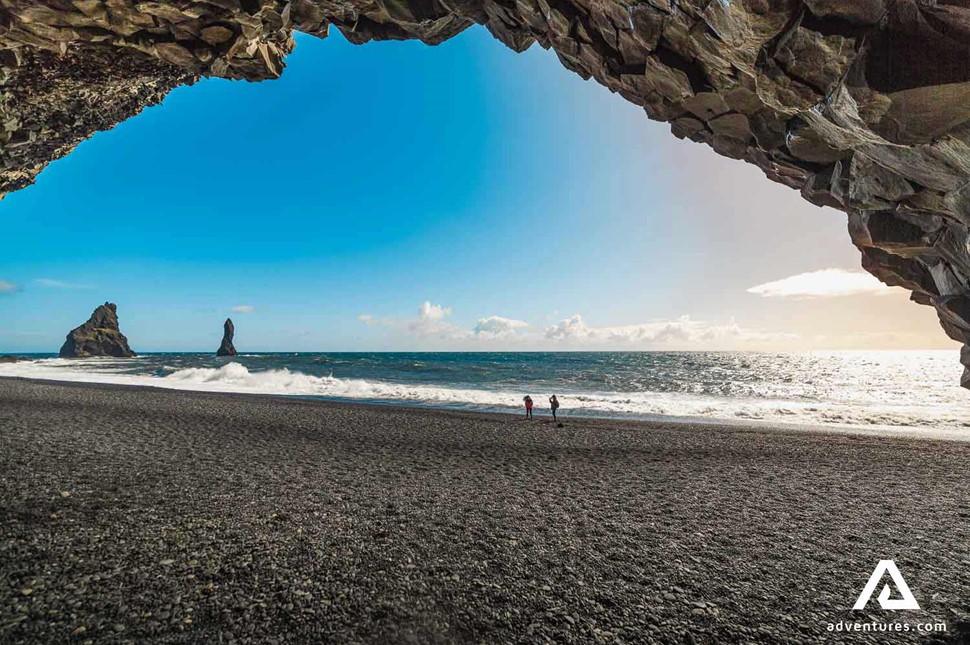 a view from a cave in reynisfjara in south iceland