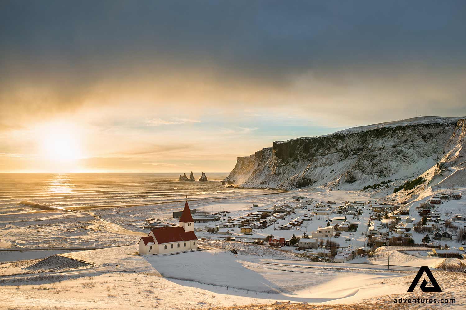 sunset in winter at vik in south iceland