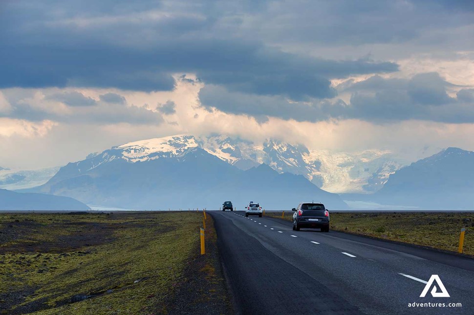 cars on the ring road near skaftafell area in south iceland