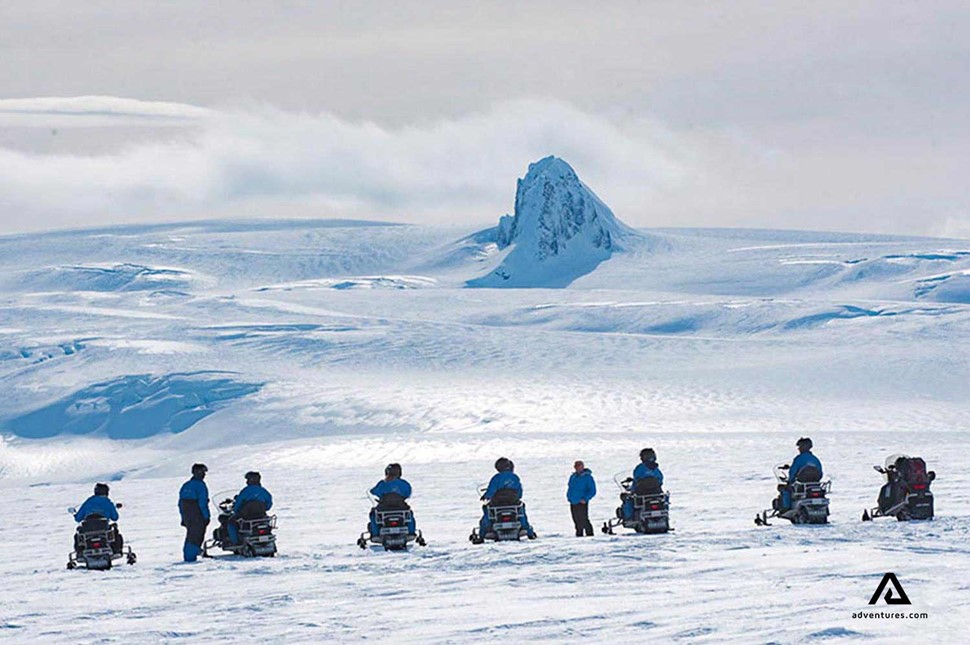 snowomobiles on vatnajokull glacier