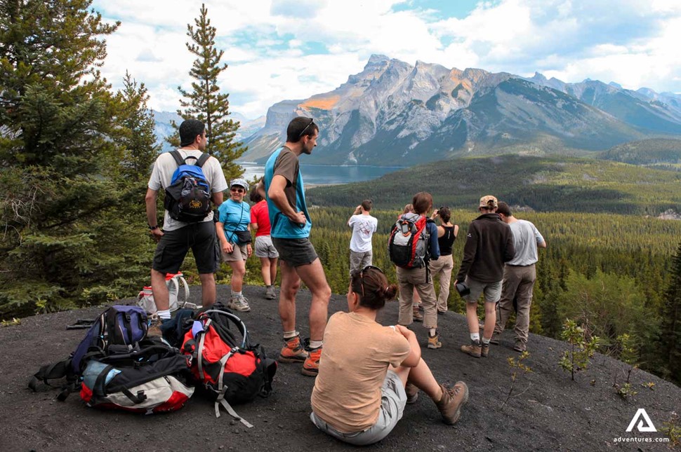 group gathering before hiking banff area